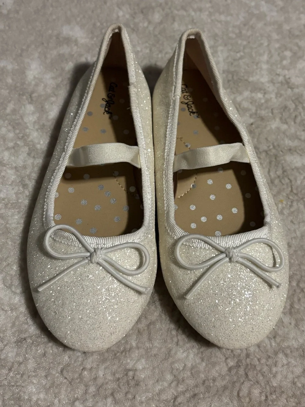 Sparkly White Ivory Mary Jane Ballet Flats w/ Bow Kid Girl Shoe Size 10 LIKE NEW